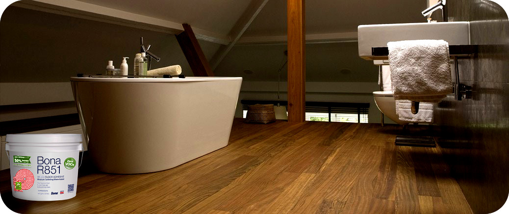 Bona Adhesives R851, hardwood flooring installed in a bathroom