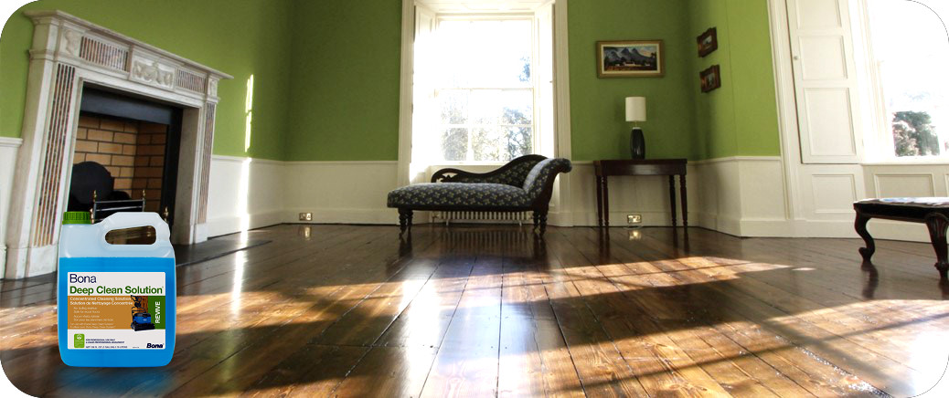 Bona Floor Treatments for Hardwood Floors shown in a living room setting.