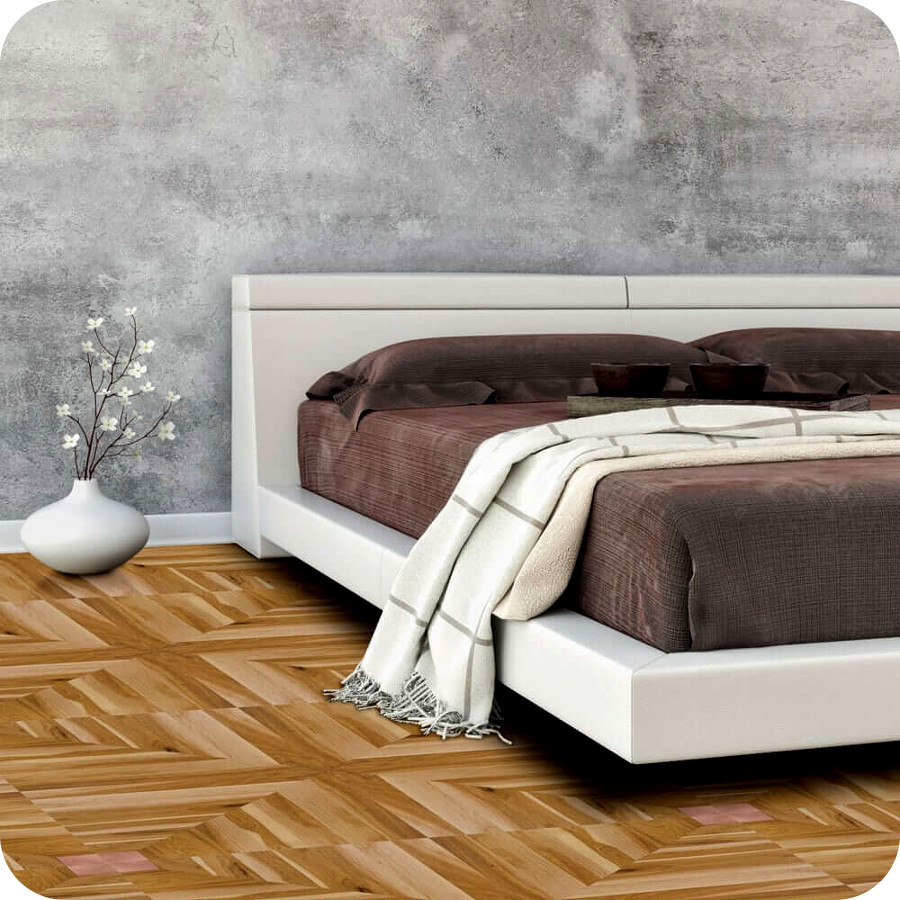 Oshkosh Designs, Copper Falls Parquet Wood Flooring in a bedroom