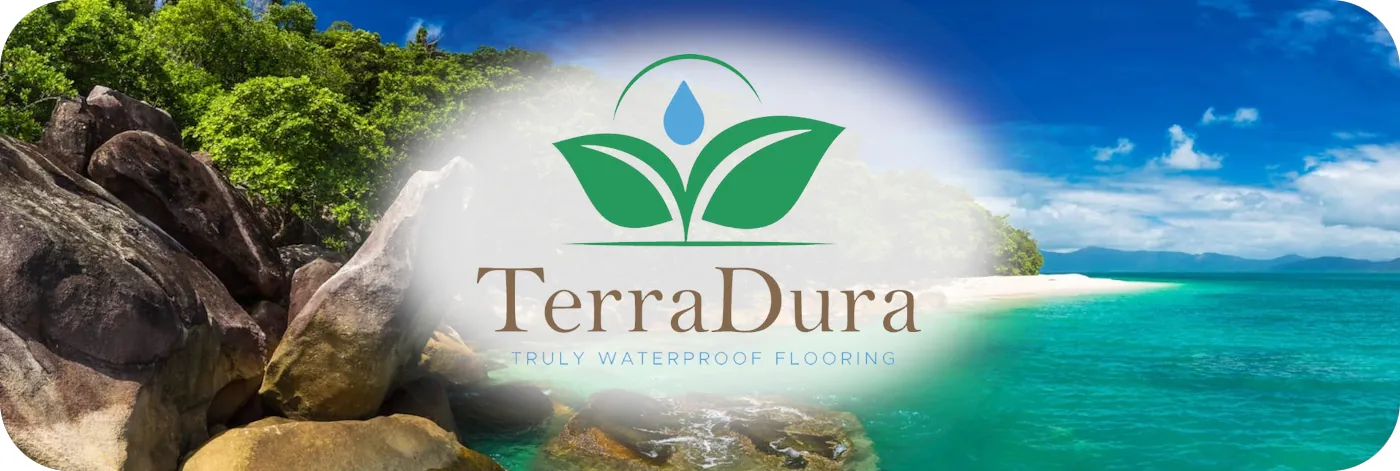 Page header image for TerraDura Waterproof Floors showing tropical beach with logo overlay
